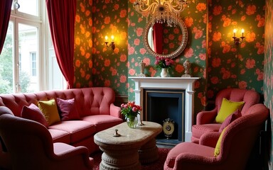 Cozy vintage lounge with floral wallpaper, plush seating, chandeliers, and a chic atmosphere, perfect for relaxation and social gatherings. High quality