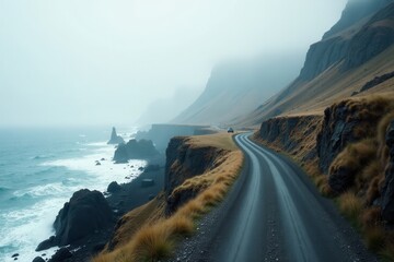 A solitary vehicle journeys along a winding coastal road, cliffside vistas shrouded in mist, waves crashing against rugged shoreline