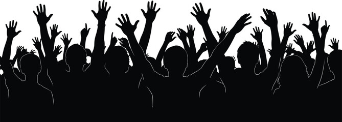 Cheering crowd silhouette with hands and open palms raised high, celebrating music festival, concert, sporting victory, party, freedom, or public event.