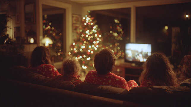 Family Watching Christmas Movie Together in Cozy Living Room