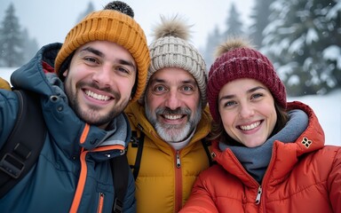 Multicultural friends taking selfie in winter. High quality