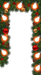 Festive Christmas garland with lights, ornaments, pine cones, and holly berries framing a white space.
