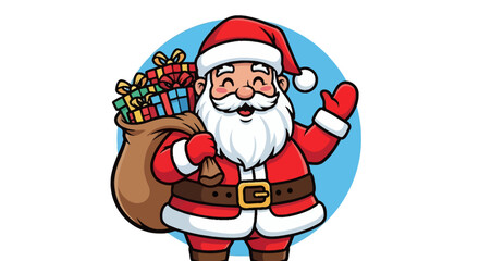 Cheerful Santa Claus with a full sack of gifts, waving hello.