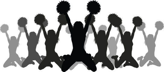 Cheerleader team silhouette jumping high with pom-poms, celebrating victory, energy, athleticism, and support for sports event or competition.