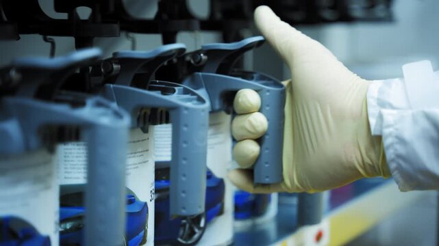 Close-up view of an industrial paint mixing machine. Worker arm taking away a container with paint, after automated mixing process is done.