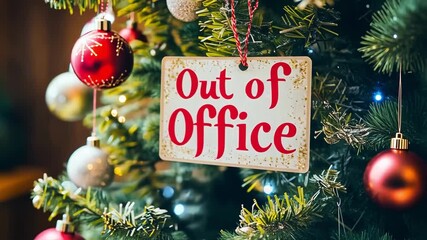 Festive 'Out of Office' sign on a Christmas tree, holiday season vibes.