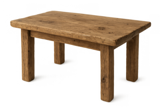 Distressed wooden stool or small bench with rough grain texture on rustic brown wood, isolated object on transparent background