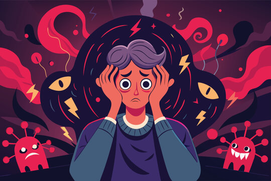 Stressed person overwhelmed by anxiety and fear with swirling thoughts and monster distractions, feeling isolated and alone in a dark and chaotic world