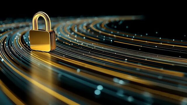 Golden padlock on a swirling digital background with glowing lines, symbolizing security and technology