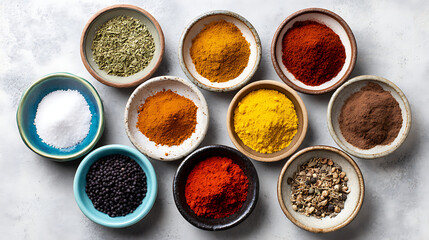 Colorful Array of Spices Displayed in Bowls on a Simple Background Highlighting Culinary Diversity