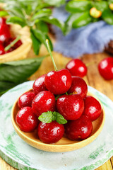 Fresh Red Cherries from Shandong Province in Wooden Bowl - Domestic Fruit Photography