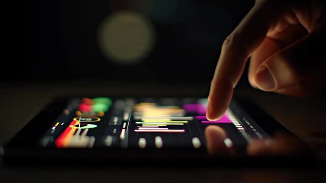 A finger touches a digital tablet displaying colorful graphs and data visualizations in a dark, focused setting.