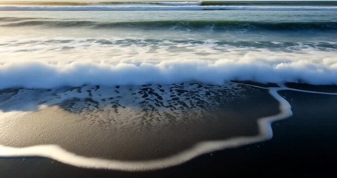 Serene ocean waves crashing on a sandy beach at sunset, with gentle foam patterns forming