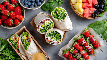 Healthy Summer Picnic Layout Featuring Fresh Wraps, Fruits, and Refreshing Snacks