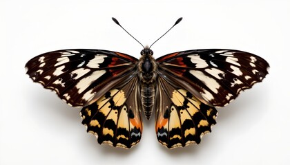 A large, vividly colored butterfly with brown and black edges on wings and body against a stark white background.