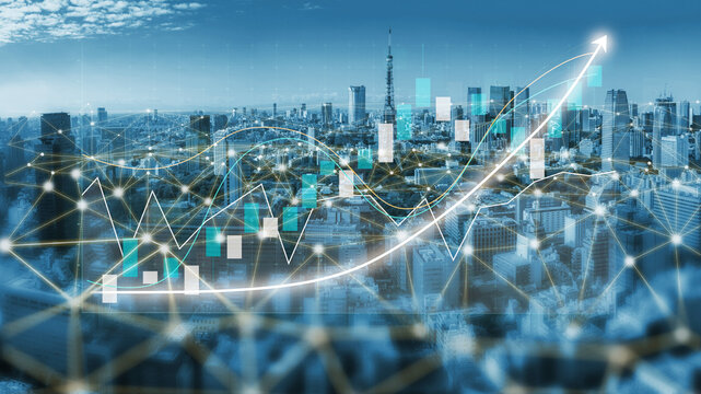 Aerial view of a modern city skyline with a dynamic data analysis overlay illustrating growth trends and digital connections, representing urban development and technology. Impute