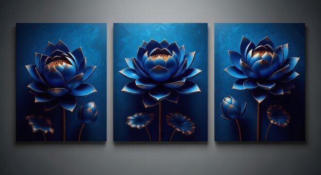 Three dark blue abstract floral panels with glowing orange centers on a deep blue background