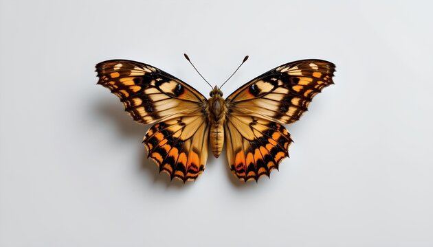A single butterfly, adorned with orange and black spots, poised against a plain white background.