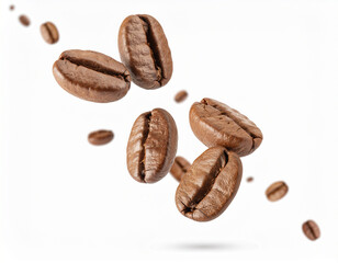 Obraz premium Extreme close-up of several dark roasted coffee beans appearing to float or fall in mid-air. Isolated on a white background, highlighting the texture and rich brown color.