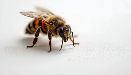 A single bee standing on a white surface. The bee is in sharp focus, with its antennae extended forward, indicating it may be foraging or exploring its surroundings