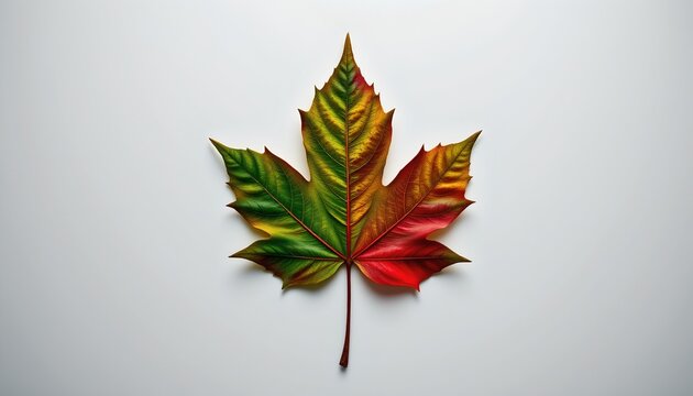 A maple leaf with multiple colors against a plain white background, suggesting an autumnal theme often associated with Canadian symbols.