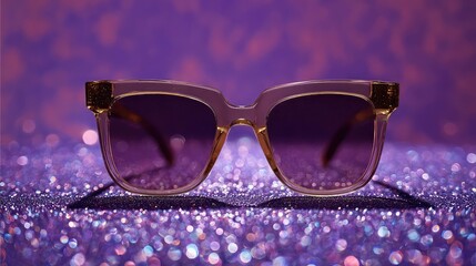 Close up of ornate gold framed sunglasses with purple lenses on a marble surface viewed low