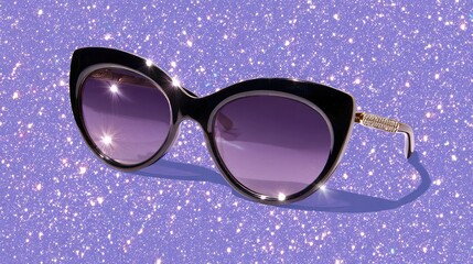 Close up of ornate gold framed sunglasses with purple lenses on a marble surface viewed low