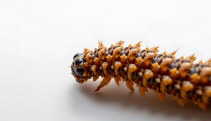A large caterpillar with distinctive orange spikes on its back, resting on a surface. Its segmented body is clearly visible along with the pattern of spines that run down its length.