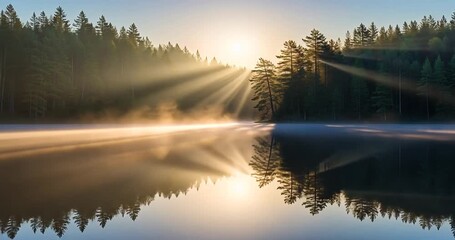 Serene sunrise over a tranquil lake surrounded by dense forest, mist rising, reflections shimmering - Powered by Adobe