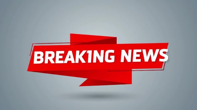 The text "BREAKING NEWS" in bold, white capital letters is displayed on a three-dimensional, stylized red ribbon or folded banner that dynamically enters and settles in the center of the frame. 