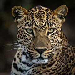 Obraz premium A close-up portrait of a leopard, its striking eyes and spotted coat visible against a blurred background. The animal stares directly