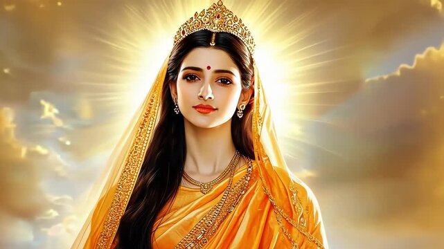 Divine woman with crown in golden light, ethereal beauty and serene expression.