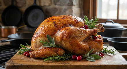 Close-Up of Thanksgiving Turkey
High-resolution close-up photo of a golden roasted turkey fresh from the oven, crispy skin, steam rising, garnished with herbs, rustic kitchen setting.