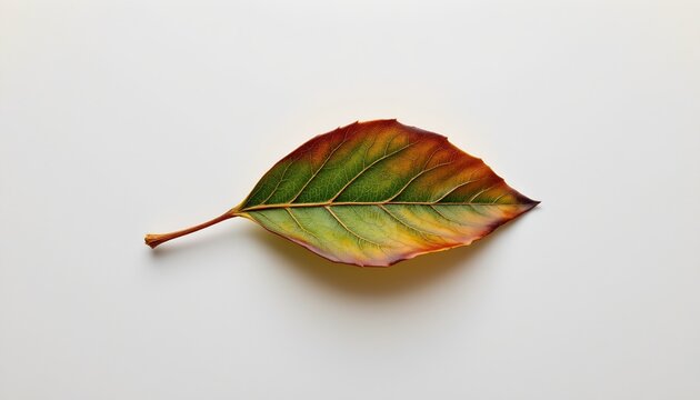 A single leaf with vibrant green and orange hues rests on a surface with a grey gradient background.