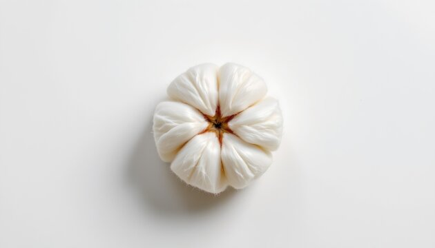 A single white flower with visible petals, standing upright against a stark white background. The flower's position is central to the frame, drawing attention immediately upon viewing