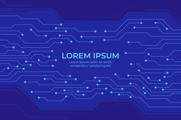 Detailed digital circuit layout on blue background. Design with interconnecting lines and dots, showcasing modern technology theme