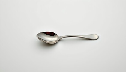 A silver spoon with a distinctive red handle resting on a gray surface against a white background.