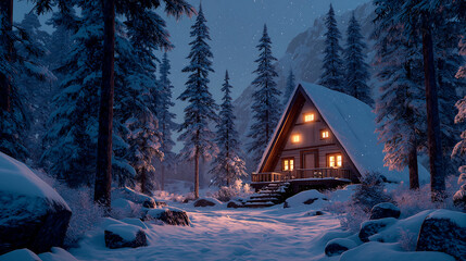 A frame cabin in a snowy forest at night with illuminated windows and trees