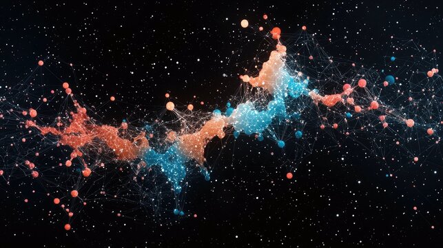 A complex, interconnected network of lines and nodes, with clusters of glowing red and blue particles, set against a dark background with small white dots resem