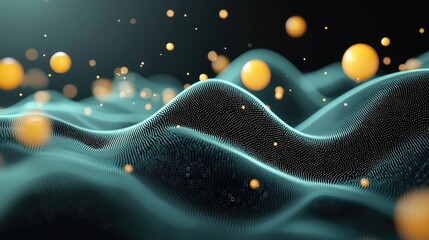 A digitally rendered abstract landscape featuring flowing, wave-like structures composed of tiny particles, interspersed with floating orange spheres and smalle