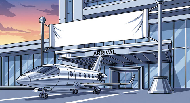 Private Jet Aircraft Parked at Airport Terminal Entrance Under Blank Arrival Banner and Sunset Sky Illustration