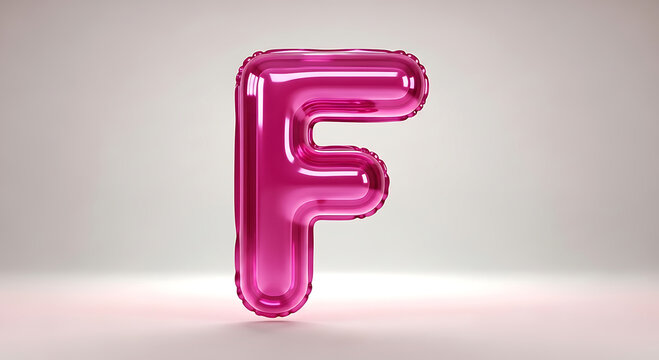 Shiny Pink Metallic Balloon Letter F Floating Against Light Background alphabet