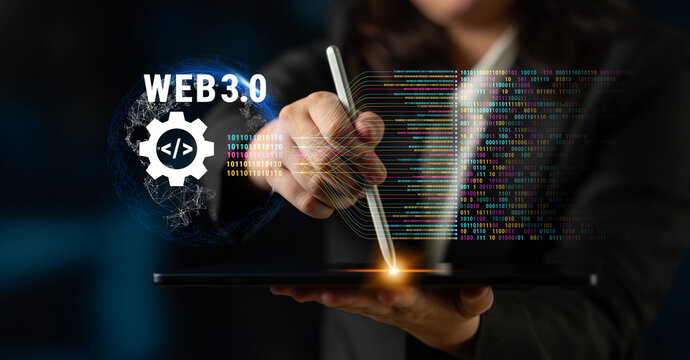 The concept of Web 3.0 development and decentralized data processing. The flow of binary code and information in the next generation internet. Motif