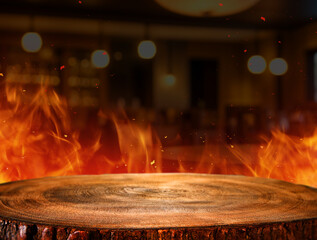 Fiery Stage: A captivating wooden stage, illuminated by flames and set against a soft blurred background, exudes energy and dynamism, offering a perfect scene for display.