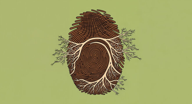 Abstract Concept of Identity and Origin: Human Fingerprint Intertwined with Growing Roots and Branches