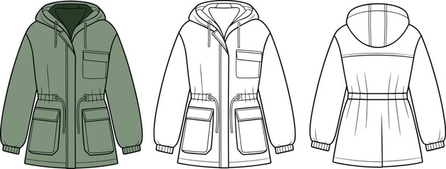 Women's hooded parka jacket technical sketch, fashion cad drawing flat vector illustration, front and back views, drawstring waist, utility pockets. © MstMuktarinaAkter