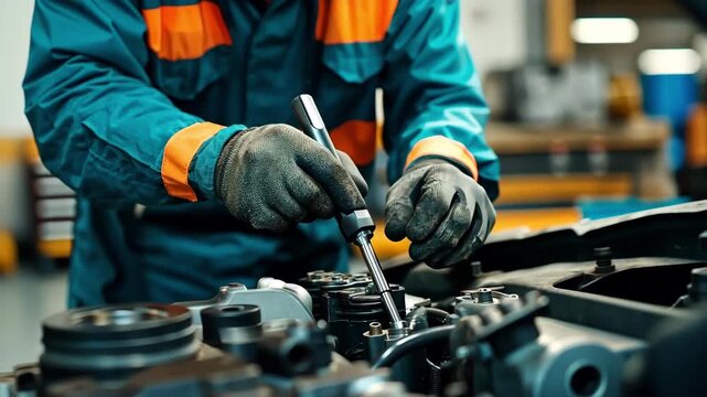 Mechanic repairing car engine with a wrench, wearing gloves and work clothes.