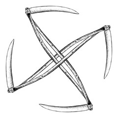 four old scythes arranged in a symmetrical cross formation, showcasing their curved blades, wooden handles, and vintage handcrafted texture.