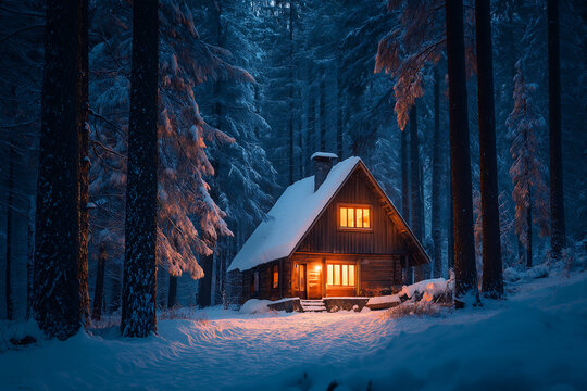 A cozy cabin glows amidst a snow covered forest at night in wintertime