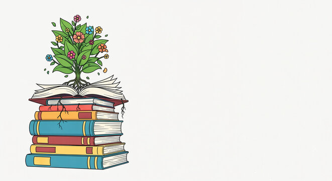 Knowledge Growth Concept: Colorful Tree Growing Out of Open Book Stack on White Background with Copy Space